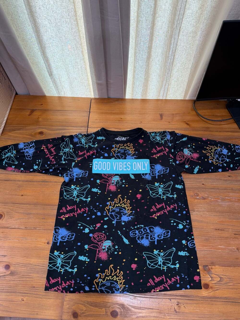 Eighty Eight Brand 'Good Vibes Only' Long Sleeve All-Over Print Graphic T-Shirt